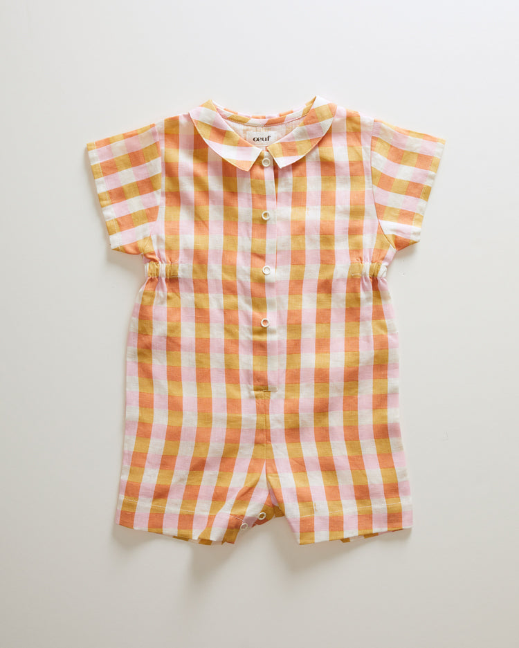Oeuf rompers Oeuf Button Down Romper - Papaya/Gingham