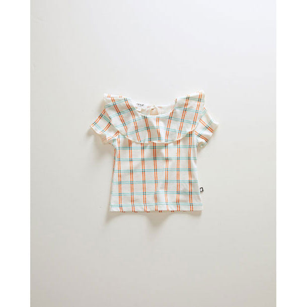 Oeuf tees Oeuf Ruffle Collar Tee - Gardenia/Check Jersey ruffle