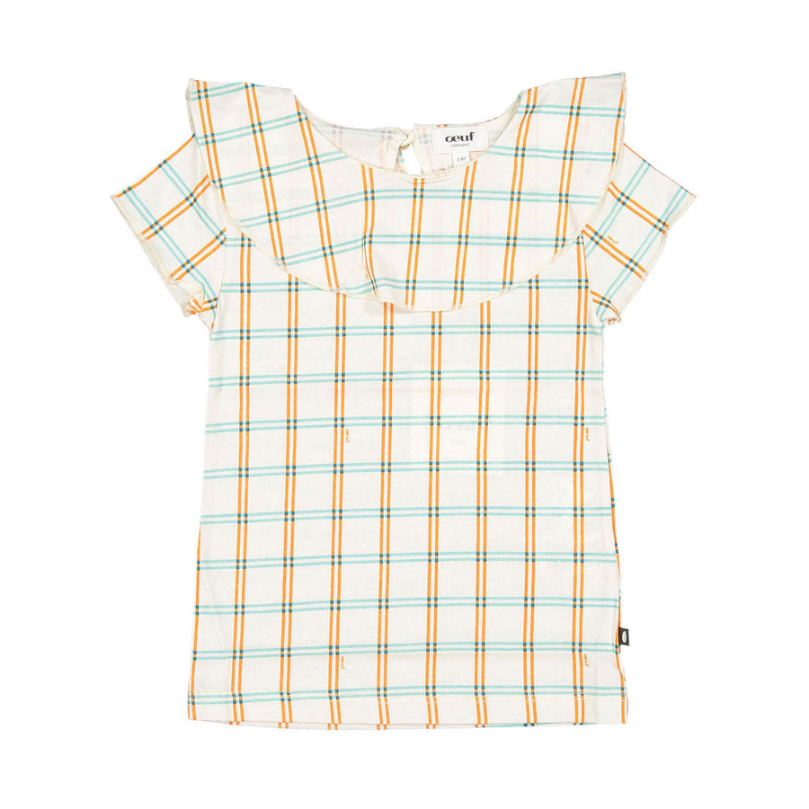 Oeuf tees Oeuf Ruffle Collar Tee - Gardenia/Check Jersey ruffle