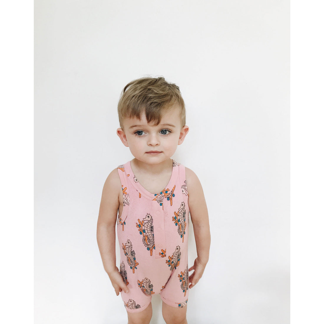 Hugo Loves Tiki Pink Seahorses Short Leg Terry Romper