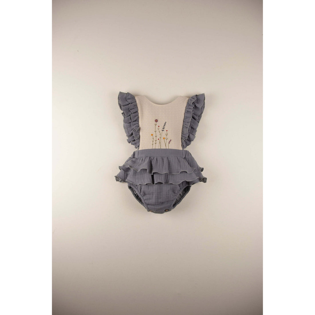 Popelin rompers Popelin Greyish-Blue Embroidered Bib Romper