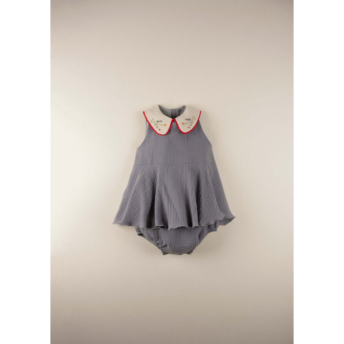 Popelin rompers Popelin Greyish-Blue Embroidered Collar Romper