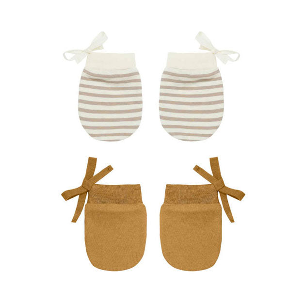 Quincy Mae accessories OS Quincy Mae No Scratch Mittens Set | Warm Grey Stripe, Ocre