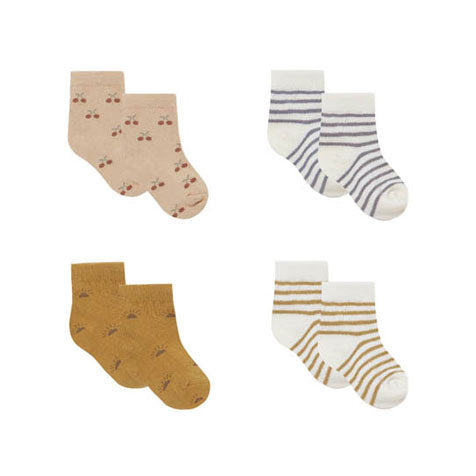 Quincy Mae accessories Quincy Mae Printed Baby Socks Set | Cherries, Ocre Stripe, Suns, Indigo Stripe