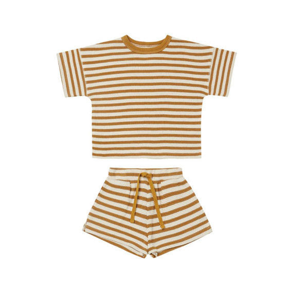 Quincy Mae sets Quincy Mae Waffle Tee + Short Set | Ocre Stripe