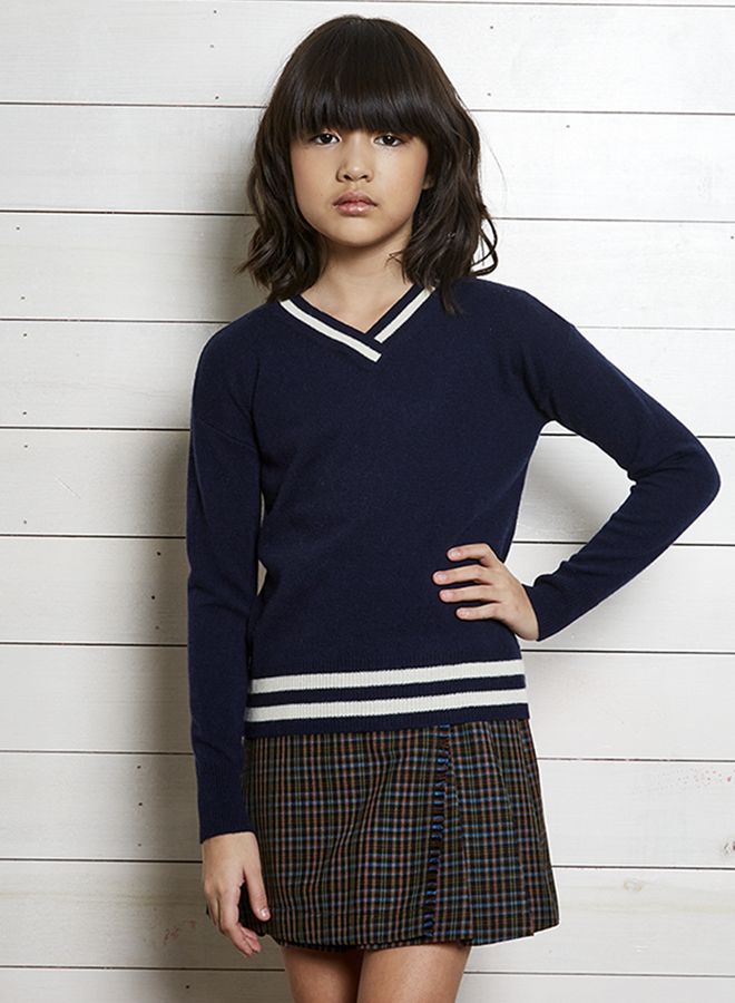Autumn Cashmere Navy Varsity V Neck Sweater