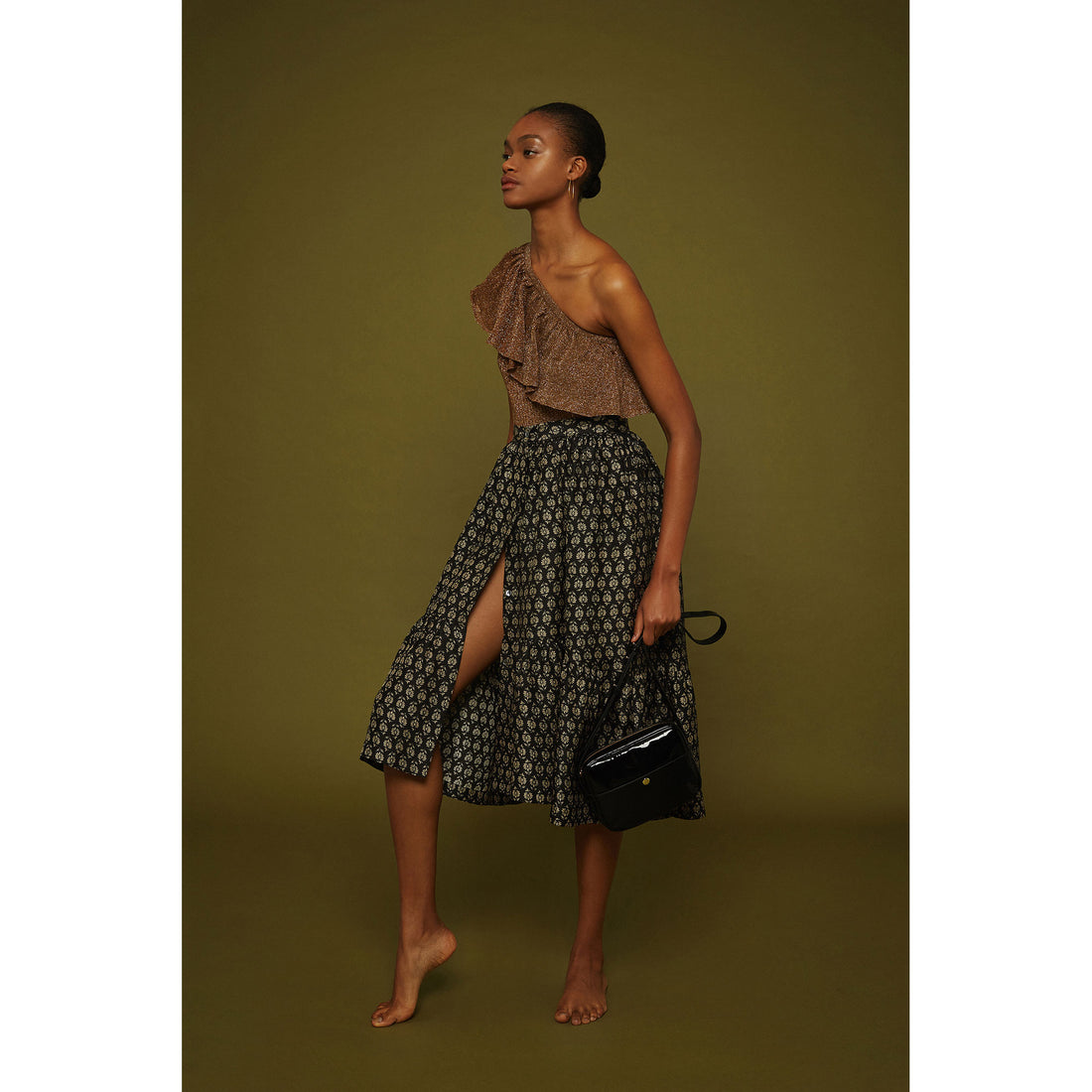 Soeur Black Print Heart Button Skirt