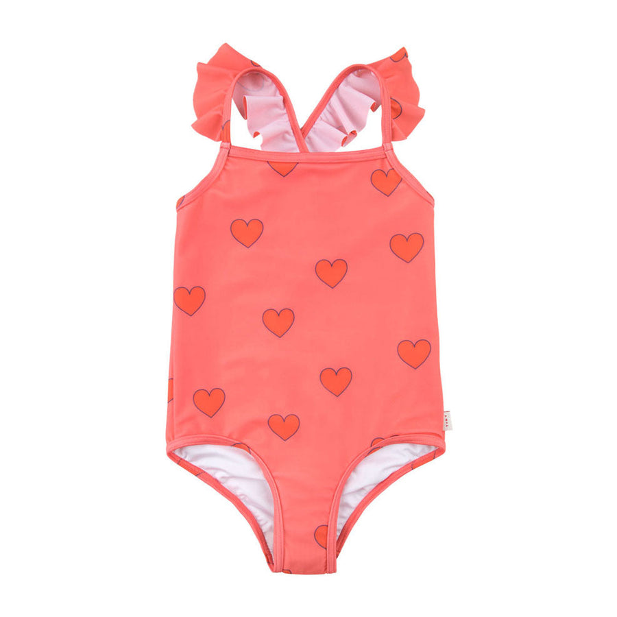 Tiny Cottons swim Tiny Cottons Light Red Hearts Frill Swimsuit
