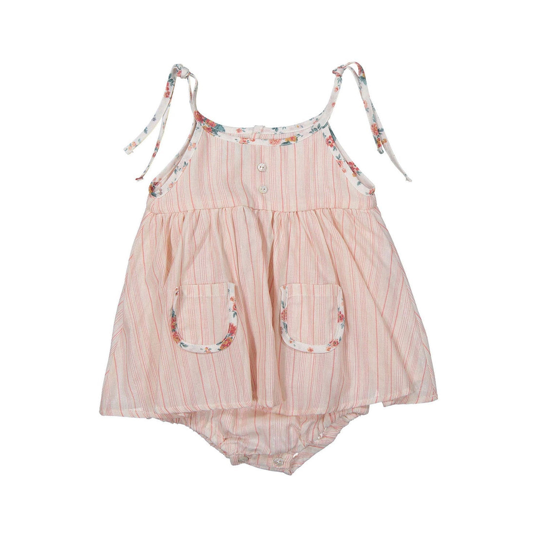 Tocoto Vintage dresses Tocoto Vintage Salmon Striped Flower Trimmed Baby Dress