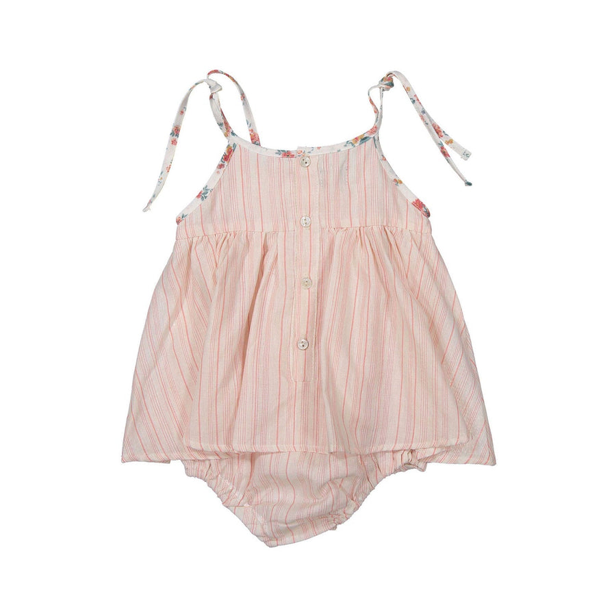 Tocoto Vintage dresses Tocoto Vintage Salmon Striped Flower Trimmed Baby Dress
