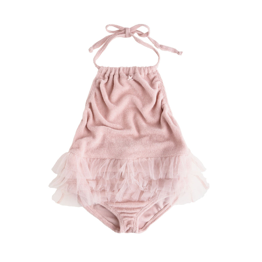 Tocoto Vintage Rompers and Bodysuits Tocoto Vintage Pink Terry Tulle Ruflle Romper