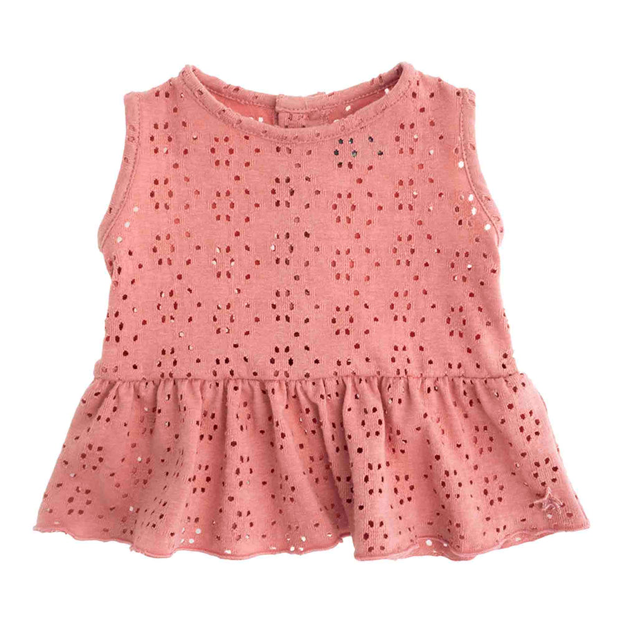 Tocoto Vintage tees Tocoto Vintage Pink Pointelle T-Shirt No Sleeves And Flounce