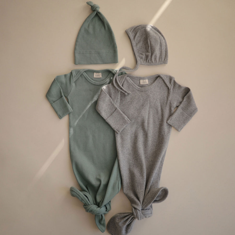 Mushie Ribbed Knotted Baby Gown - Grey Melange