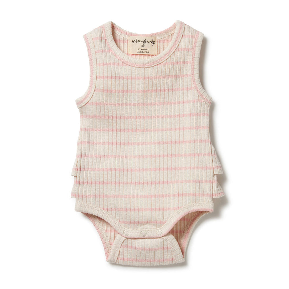 Wilson and Frenchy bodysuits Wilson and Frenchy Pink Lemonade Organic Stripe Rib Ruffle Bodysuit