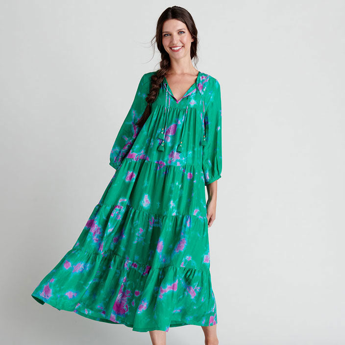 Pink Chicken Womens Silk Indira Dress -Magenta Green Tie Dye – Ladida