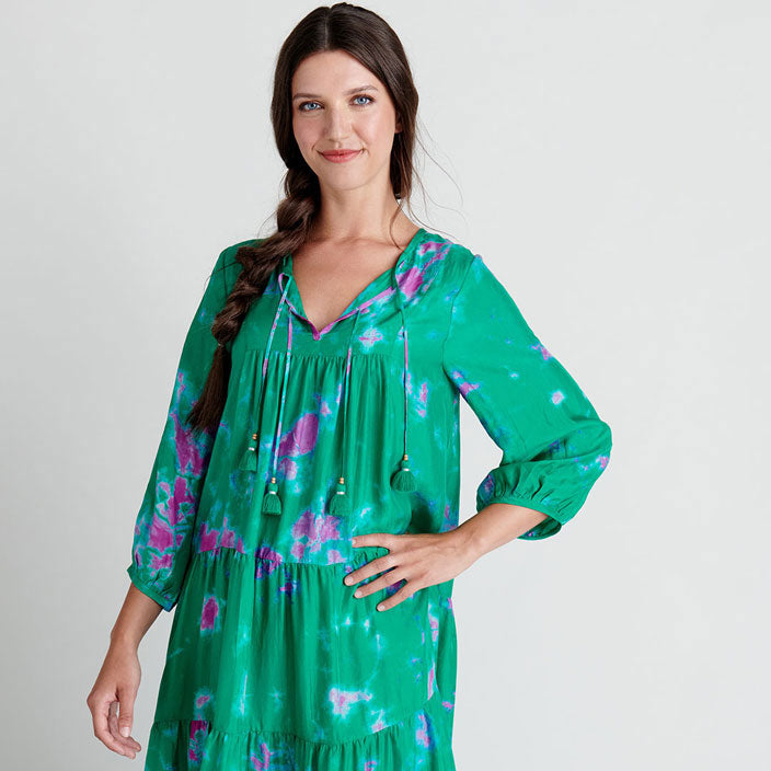 Pink Chicken Womens Silk Indira Dress -Magenta Green Tie Dye  Ladida