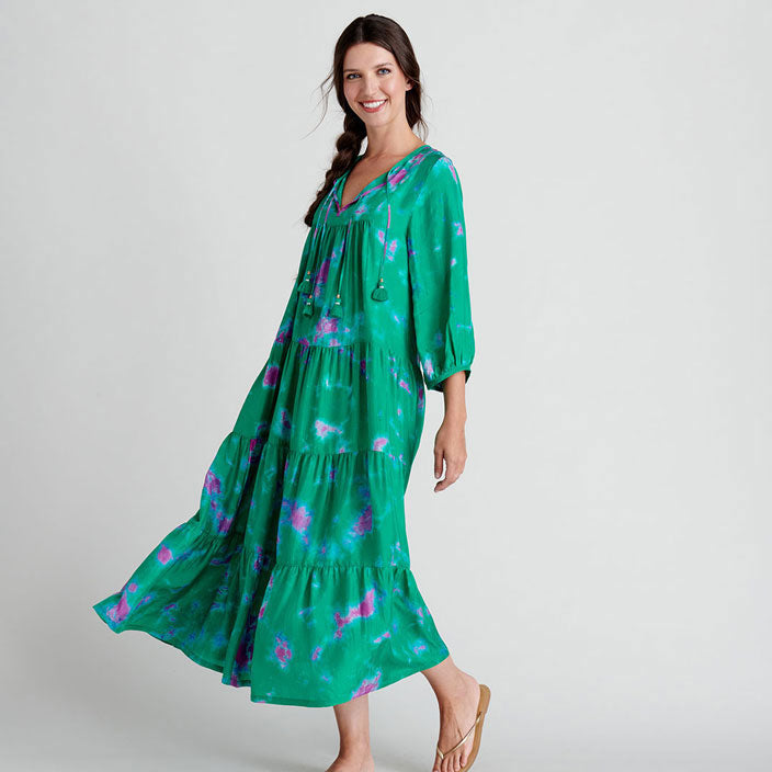 Pink Chicken Womens Silk Indira Dress -Magenta Green Tie Dye – Ladida
