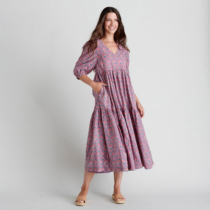 Pink Chicken Womens Maribelle Dress - Lavender Posey Block Print