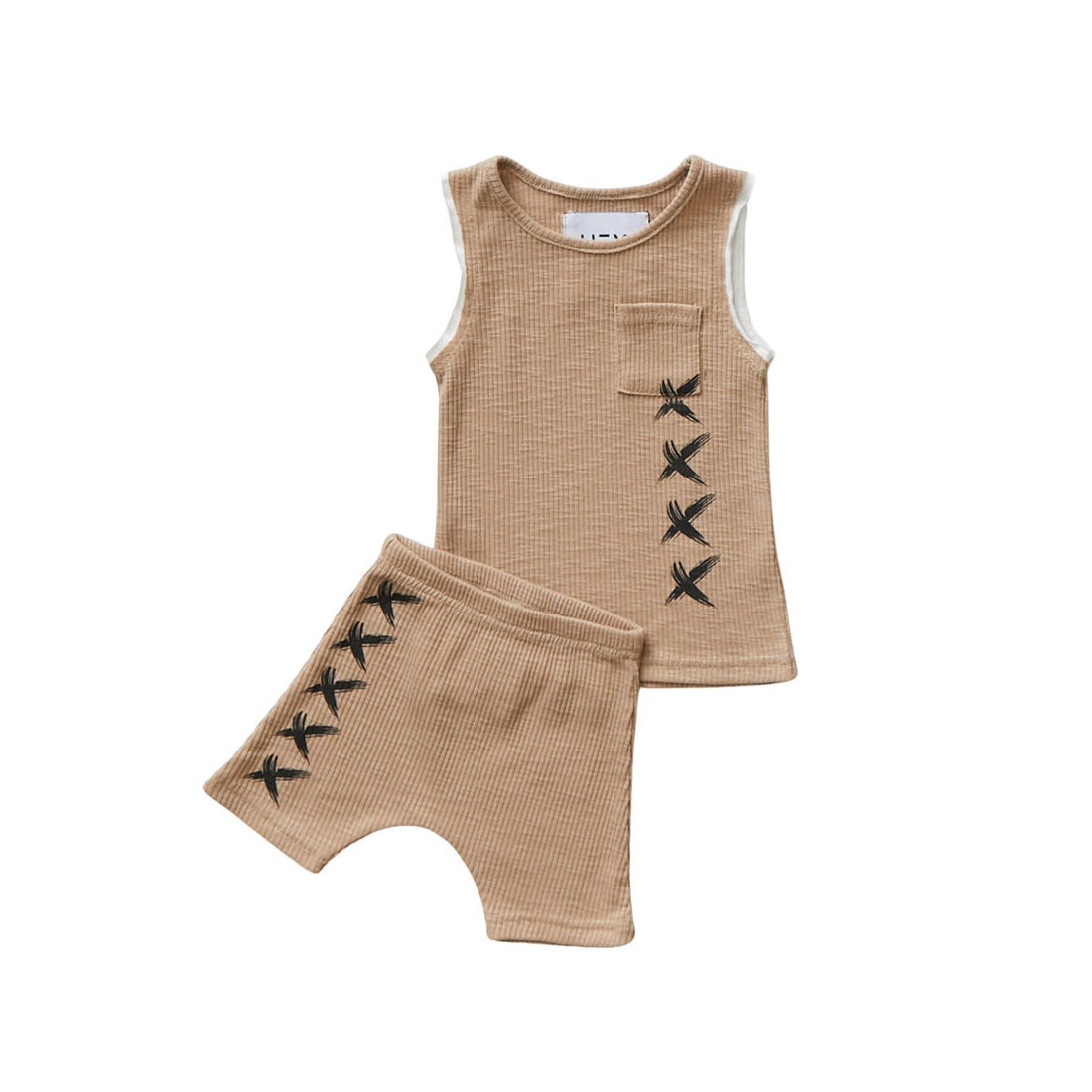 Hey kid Ribbed Pocket Tank And Shorts Set- Tan